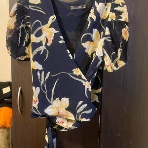 Women's Floral Wrap Top - Navy and Yellow